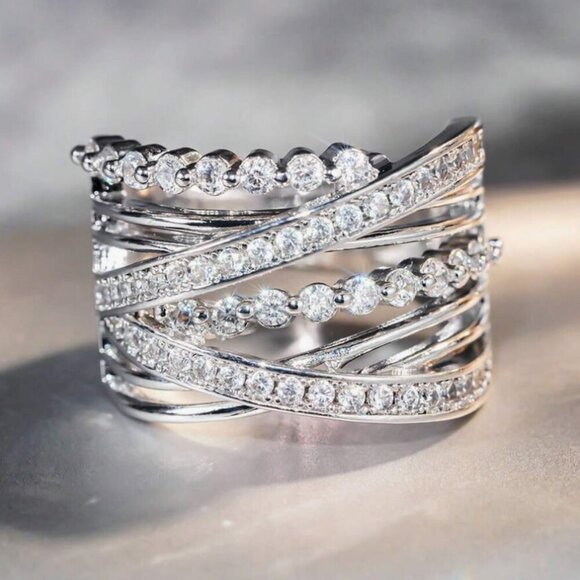 NEW 18k White Gold Diamond Ring Layer Wide Ring Band - Picture 2 of 7